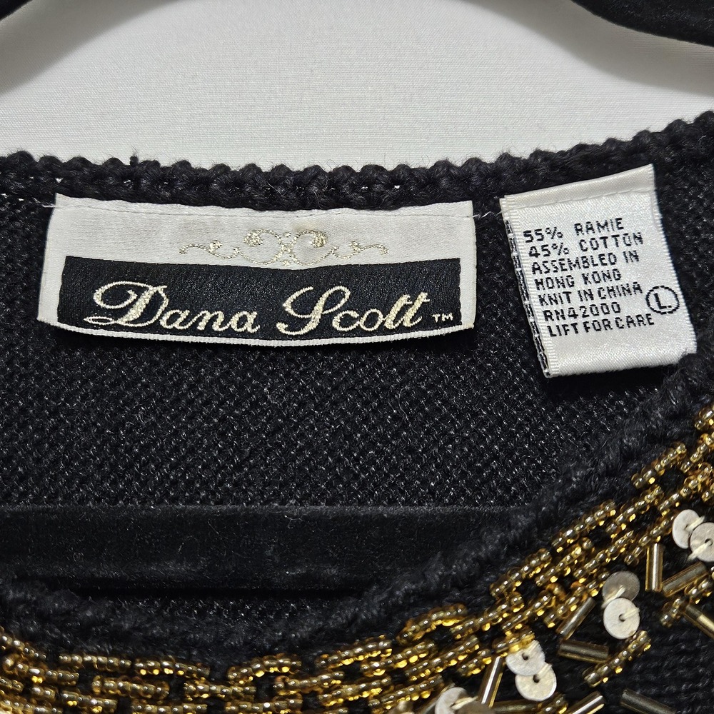 Vintage Dana Scott black sweater beaded sequined holiday embellishment large - Picture 2 of 11